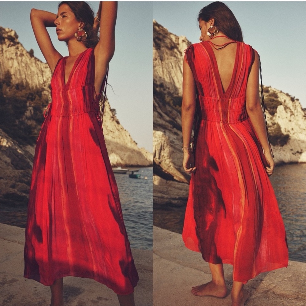 Zara red pink tie-dye BoHo V-neck midi dress Sz M tropical beach vacation NWOT - Picture 16 of 16